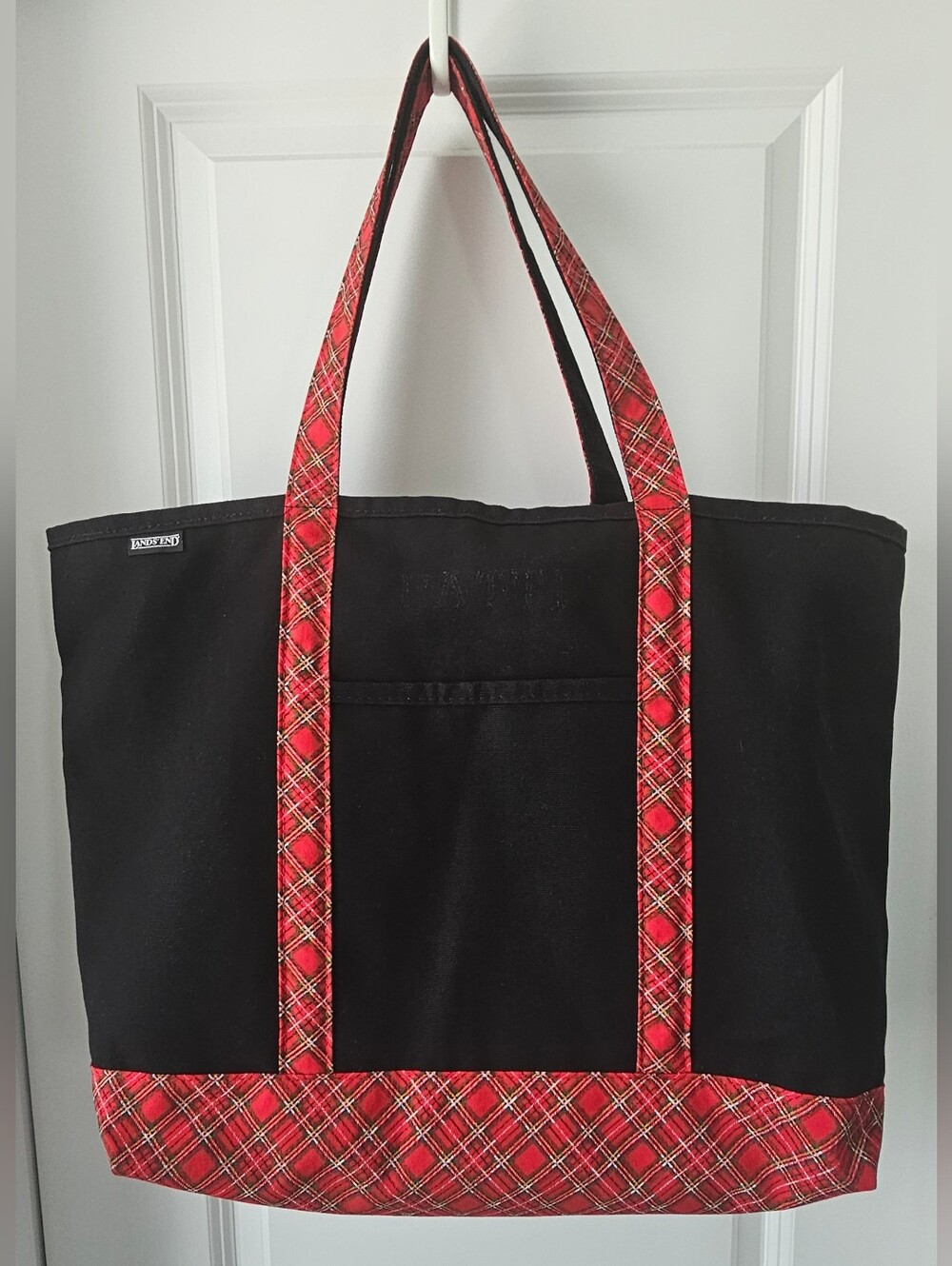 Lands End Large Black Canvas Tote with Red Plaid Trim